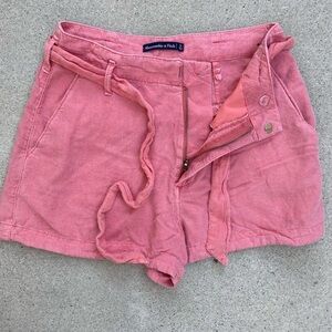 Women's Abercrombie & Fitch Red Solid Linen Blend Shorts S Light Belt Breath Zip